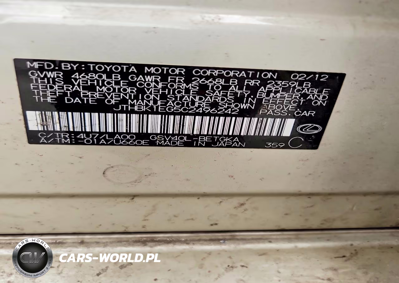 2012 Lexus Es 350 VIN:JTHBK1EG5C2496242 - 12