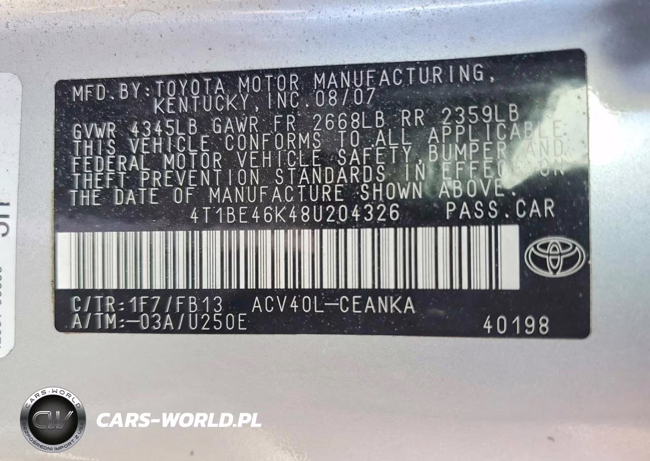 2008 Toyota Camry Le VIN:4T1BE46K48U204326 - 12