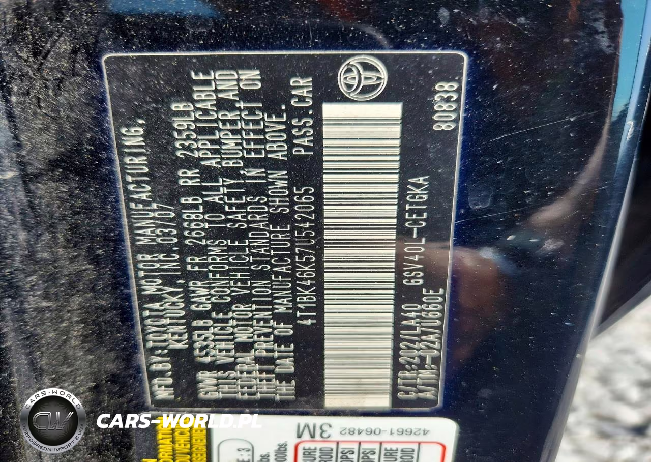 2007 Toyota Camry Xle V6 VIN:4T1BK46K57U542065 - 12