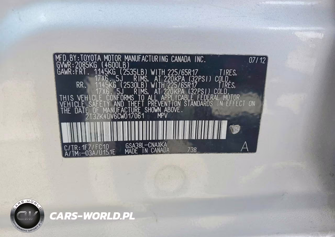 2012 Toyota Rav4 Base VIN:2T3ZK4DV6CW017061 - 12