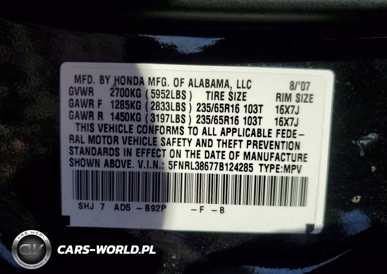 2007 Honda Odyssey Exl VIN:5FNRL38677B124285 - 13