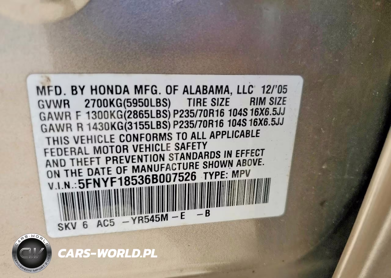 2006 Honda Pilot Ex VIN:5FNYF18536B007526 - 13