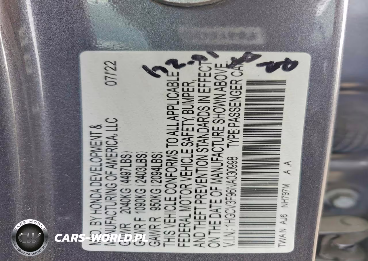 2022 Honda Accord Touring Hybrid VIN:1HGCV3F96NA030998 - 13