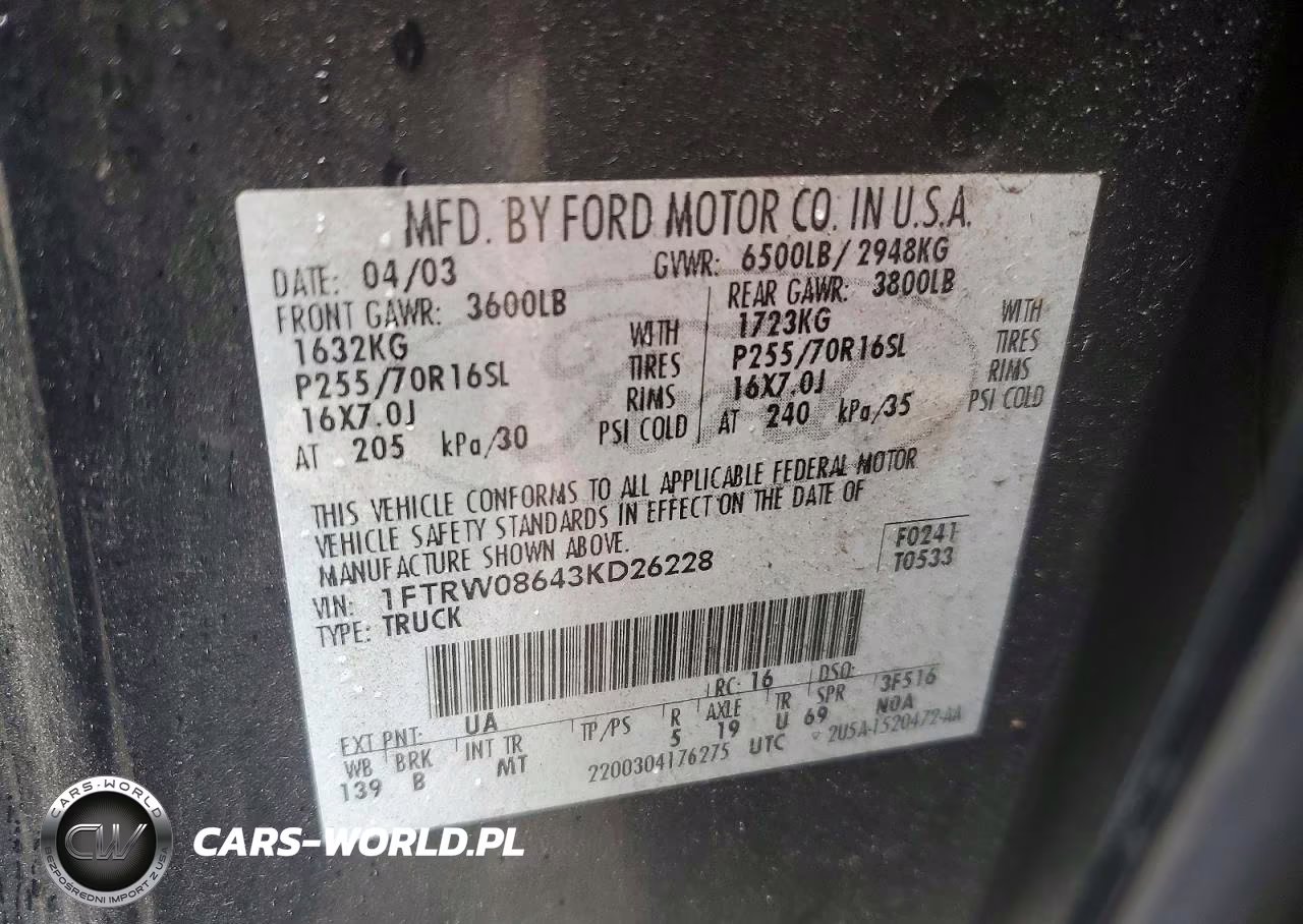 2003 Ford F150 Supercrew VIN:1FTRW08643KD26228 - 12