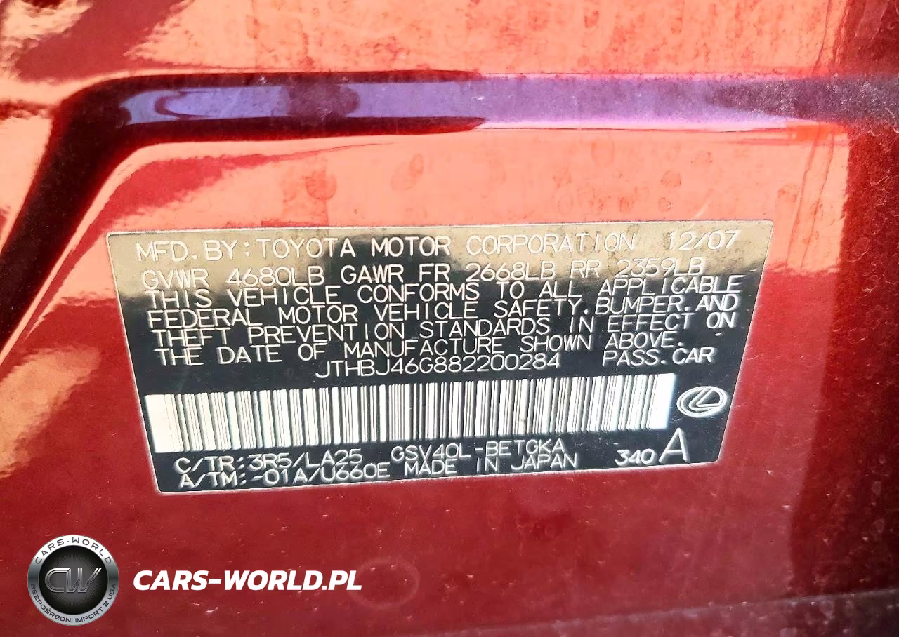 2008 Lexus Es 350 VIN:JTHBJ46G882200284 - 12