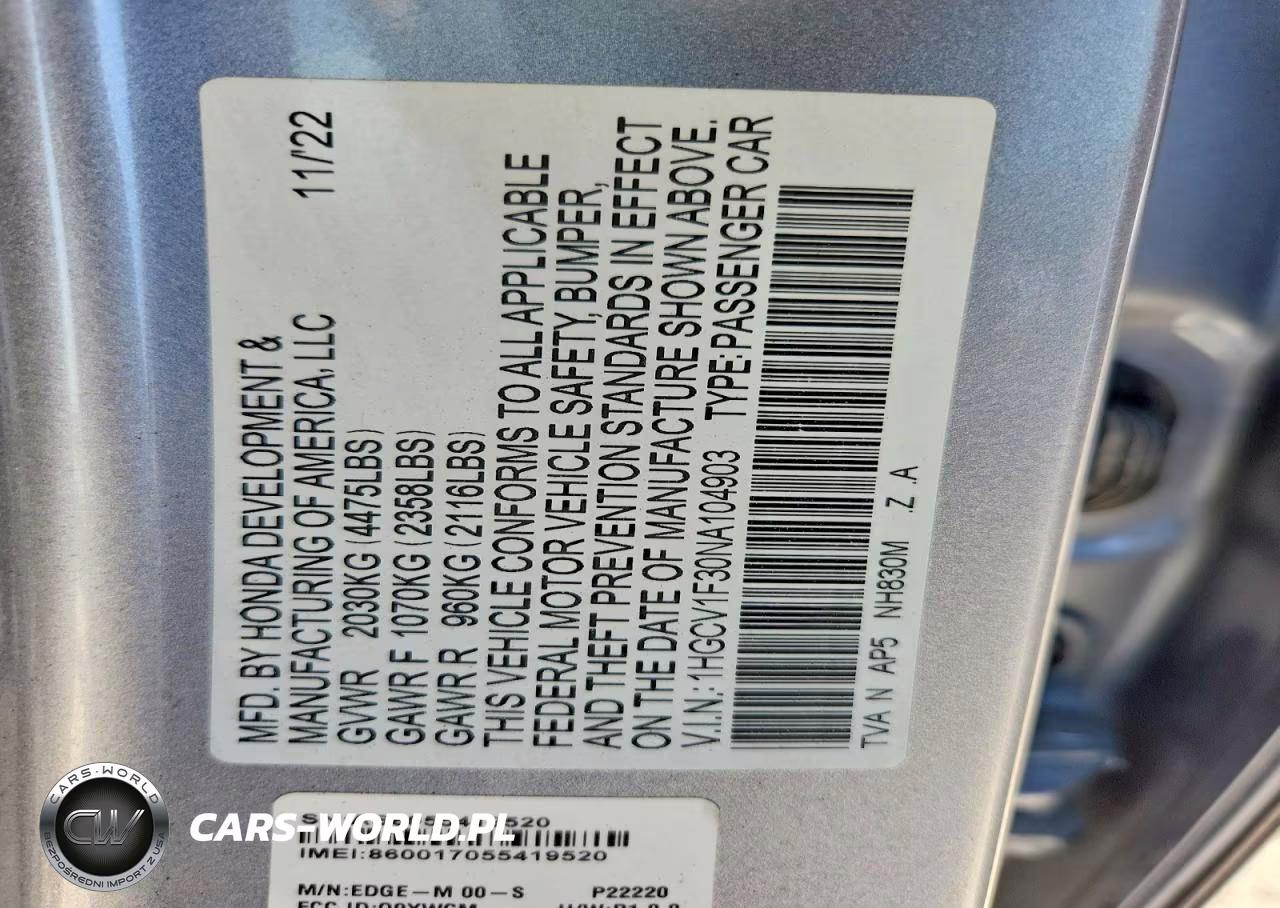 2022 Honda Accord Sport VIN:1HGCV1F30NA104903 - 13