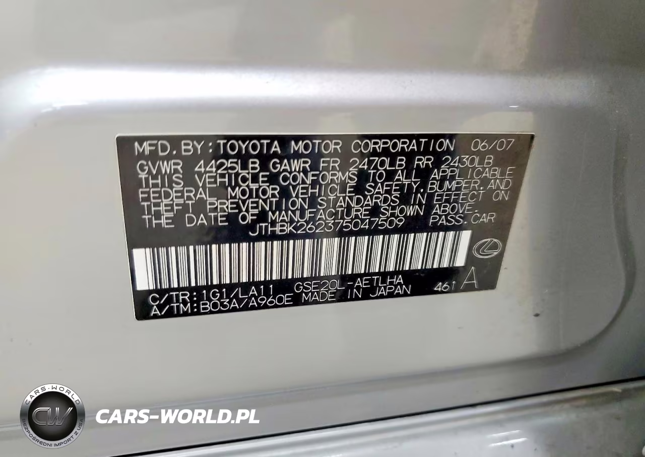 2007 Lexus Is 250 Base VIN:JTHBK262375047509 - 12
