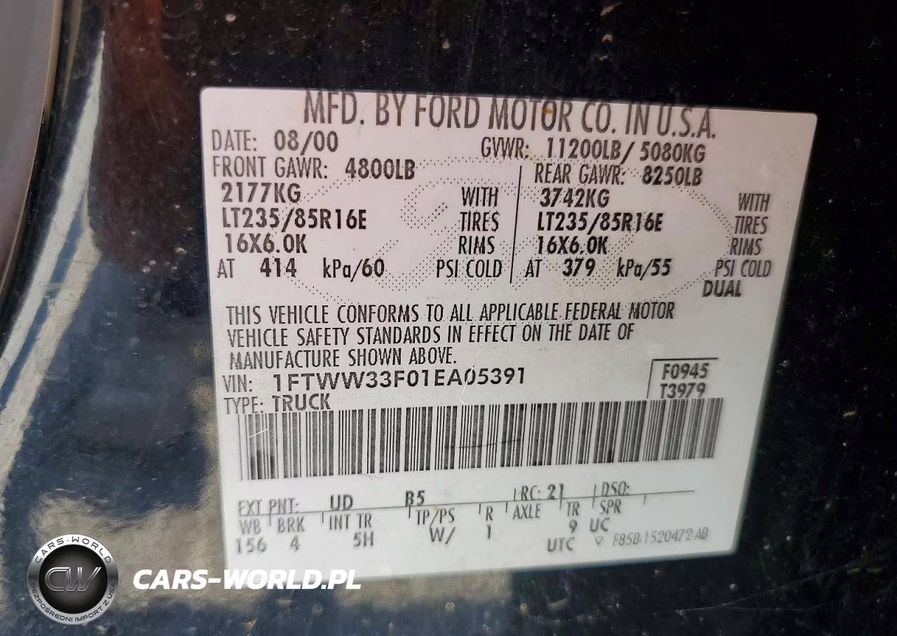 2001 Ford F350 Super Duty VIN:1FTWW33F01EA05391 - 12
