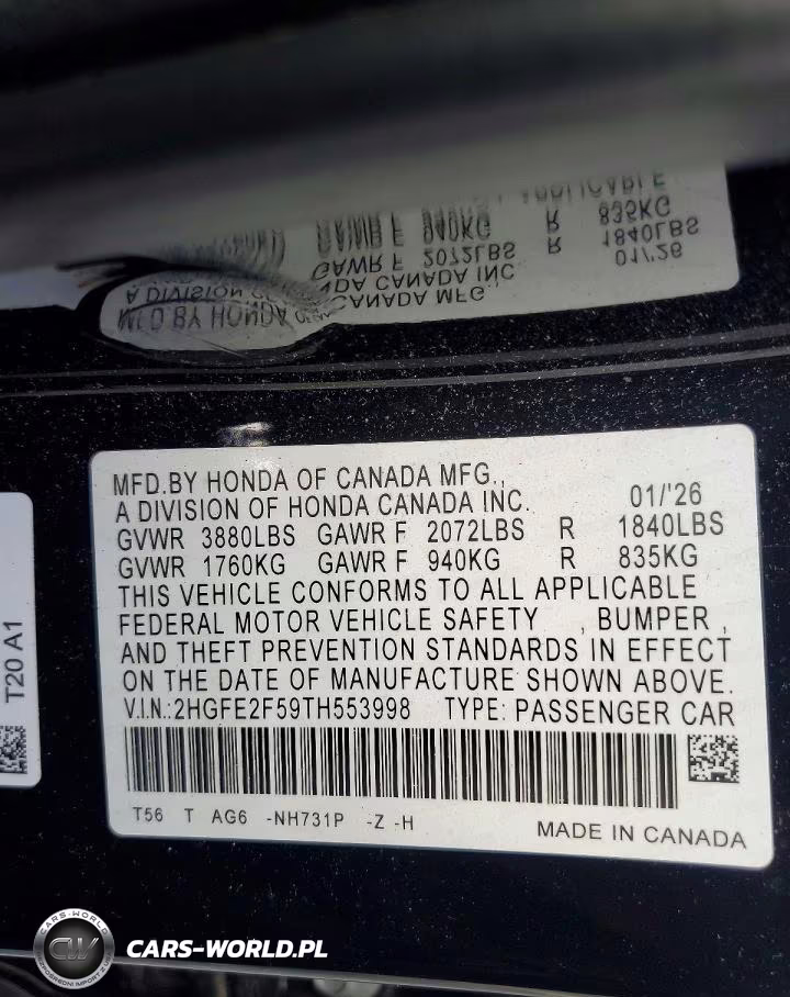 2026 Honda Civic Sport VIN:2HGFE2F59TH553998 - 12
