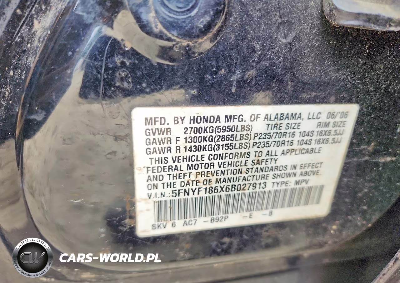 2006 Honda Pilot Ex VIN:5FNYF186X6B027913 - 13