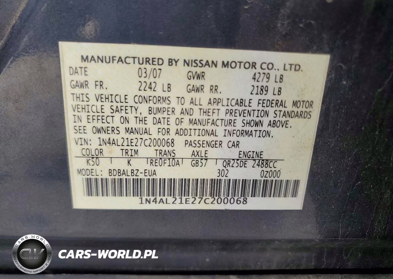 2007 Nissan Altima 2.5 VIN:1N4AL21E27C200068 - 12