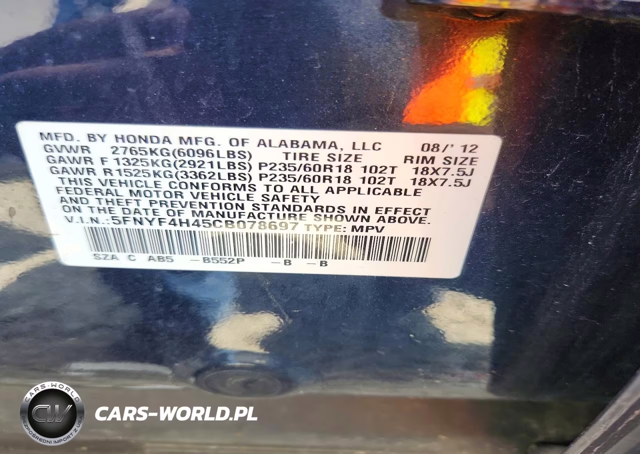 2012 Honda Pilot Ex VIN:5FNYF4H45CB078697 - 12