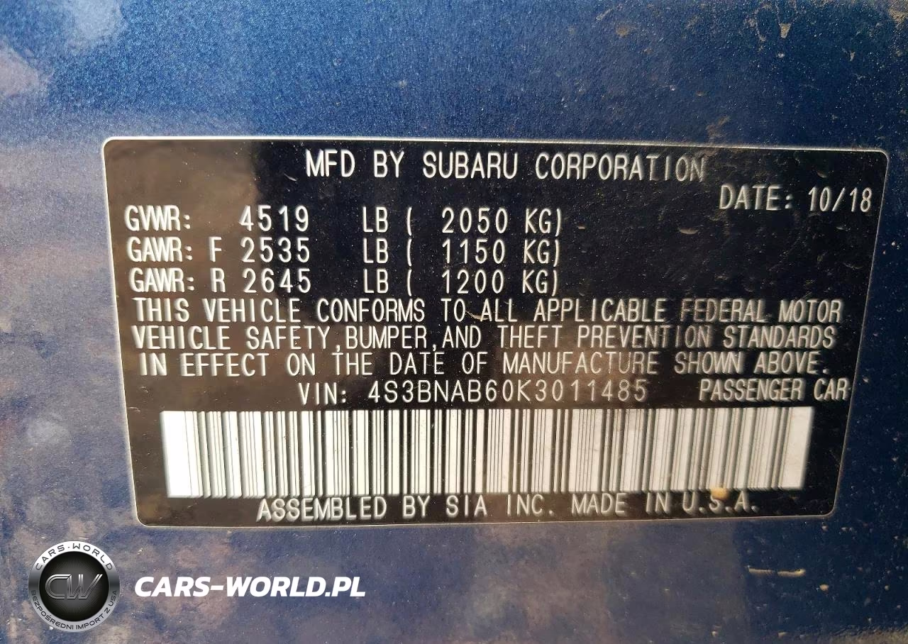 2019 Subaru Legacy 2.5I VIN:4S3BNAB60K3011485 - 12