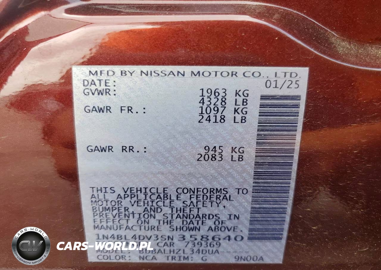 2025 Nissan Altima Sv VIN:1N4BL4DV3SN358640 - 12