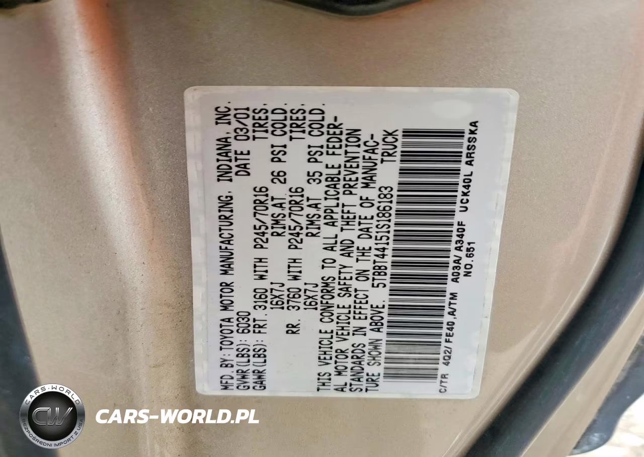 2001 Toyota Tundra Sr5 VIN:5TBBT44151S186183 - 12