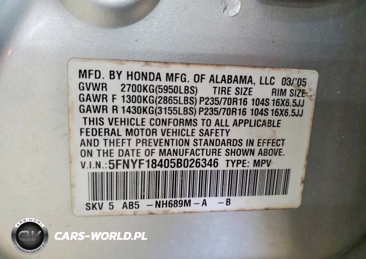 2005 Honda Pilot Ex VIN:5FNYF18405B026346 - 13