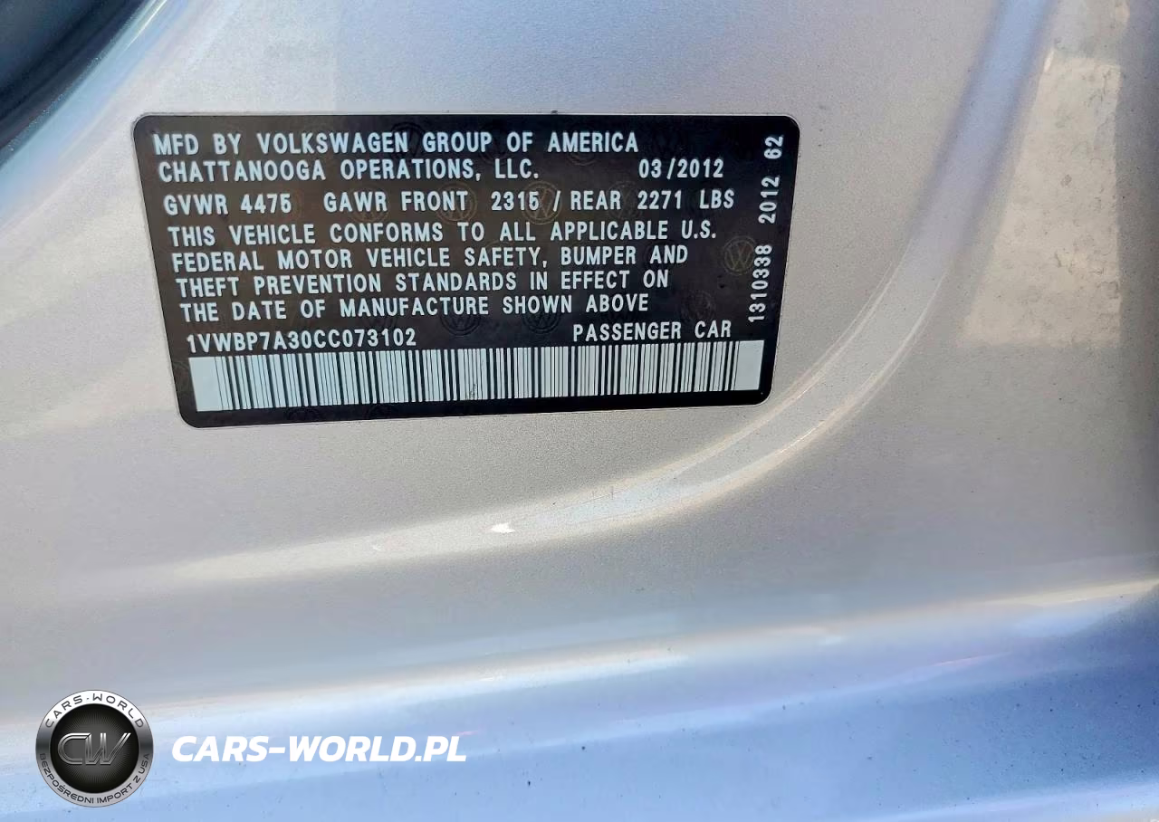 2012 Volkswagen Passat Se VIN:1VWBP7A30CC073102 - 12