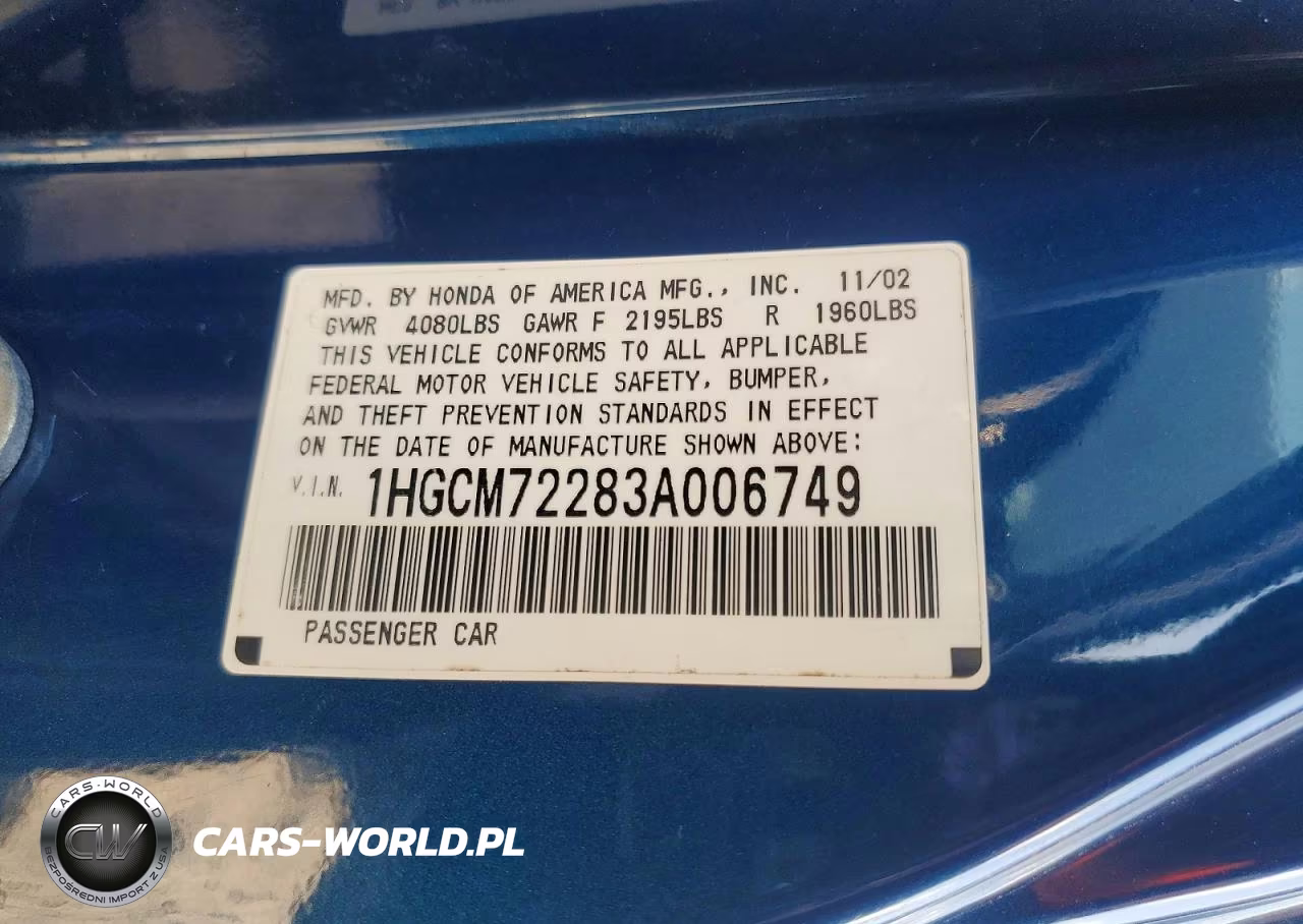 2003 Honda Accord Lx VIN:1HGCM72283A006749 - 12