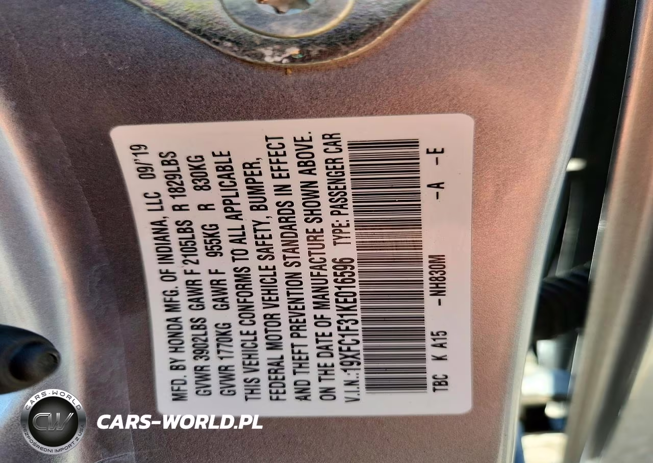 2019 Honda Civic Ex VIN:19XFC1F31KE016596 - 12