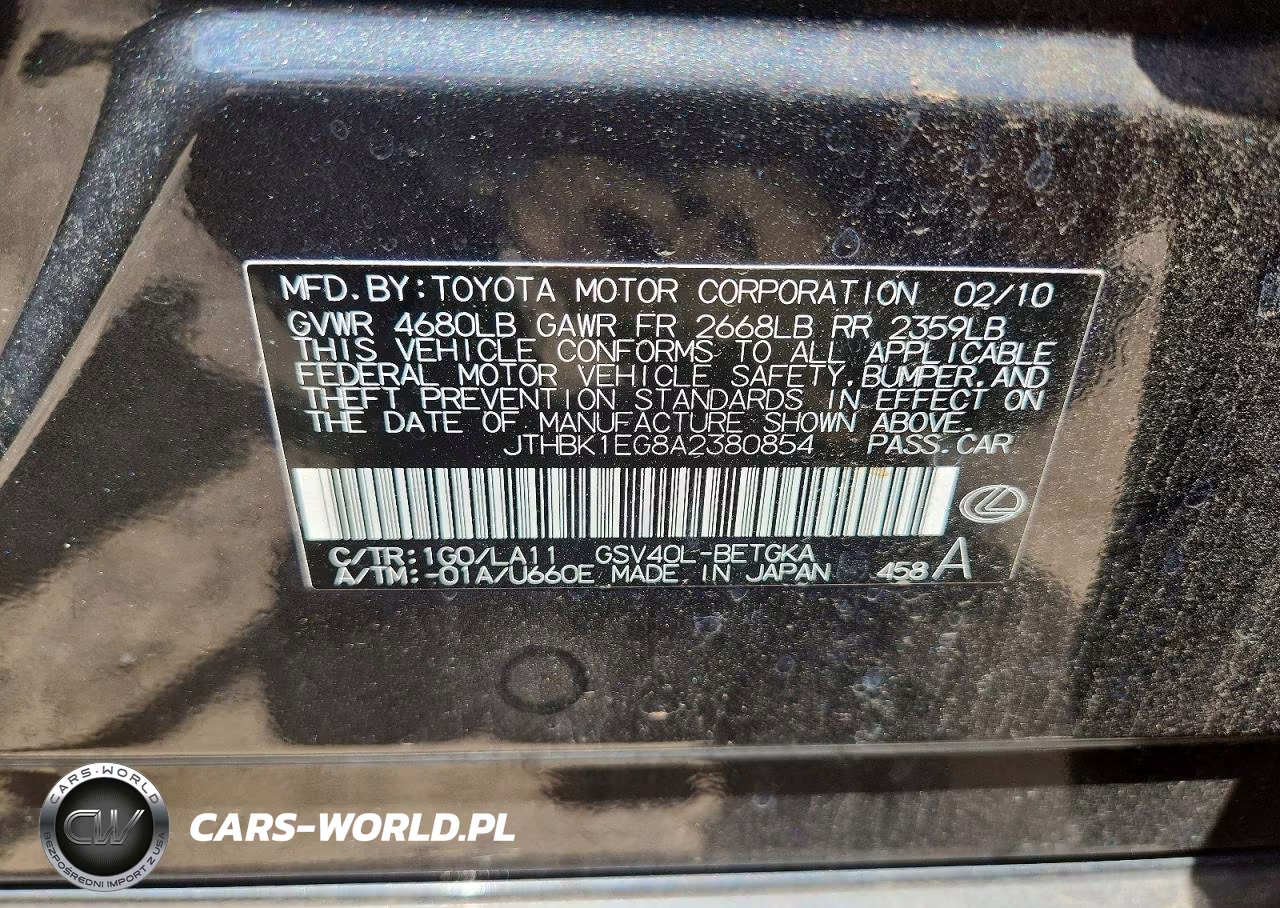 2010 Lexus Es 350 VIN:JTHBK1EG8A2380854 - 12