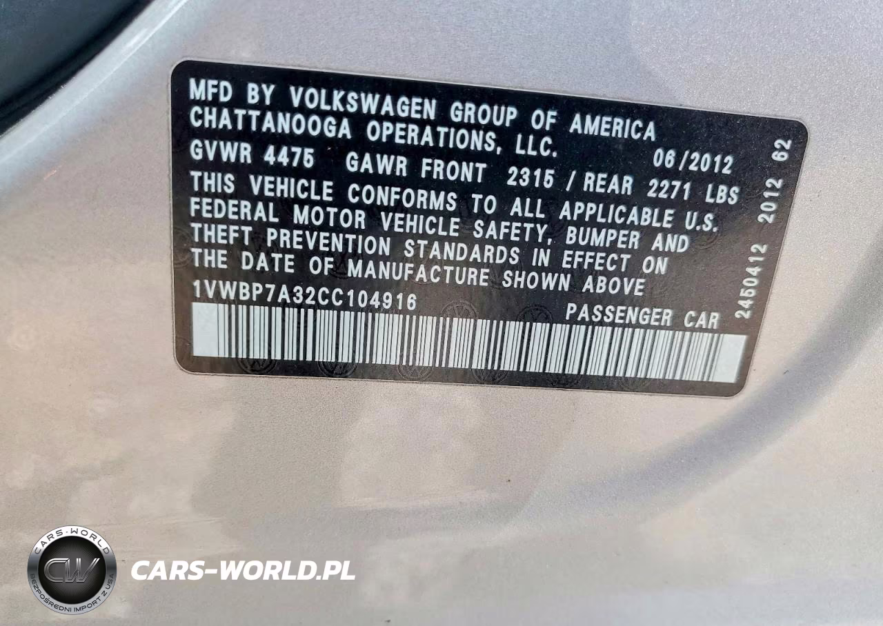 2012 Volkswagen Passat Se VIN:1VWBP7A32CC104916 - 12