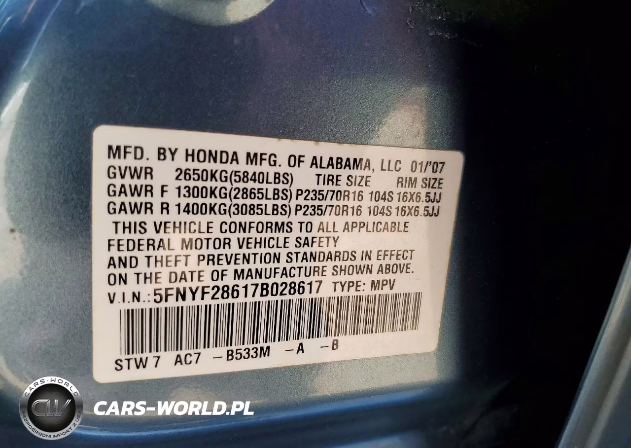 2007 Honda Pilot Exl VIN:5FNYF28617B028617 - 13