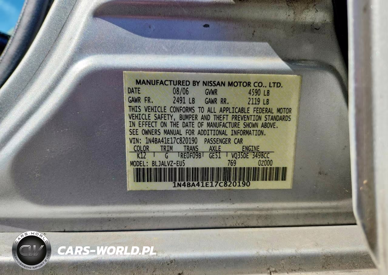 2007 Nissan Maxima 3.5 Se VIN:1N4BA41E17C820190 - 12