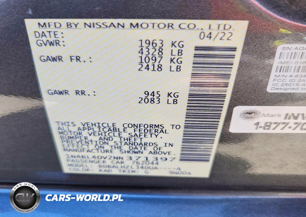 2022 Nissan Altima Sv VIN:1N4BL4DV2NN371397 - 12