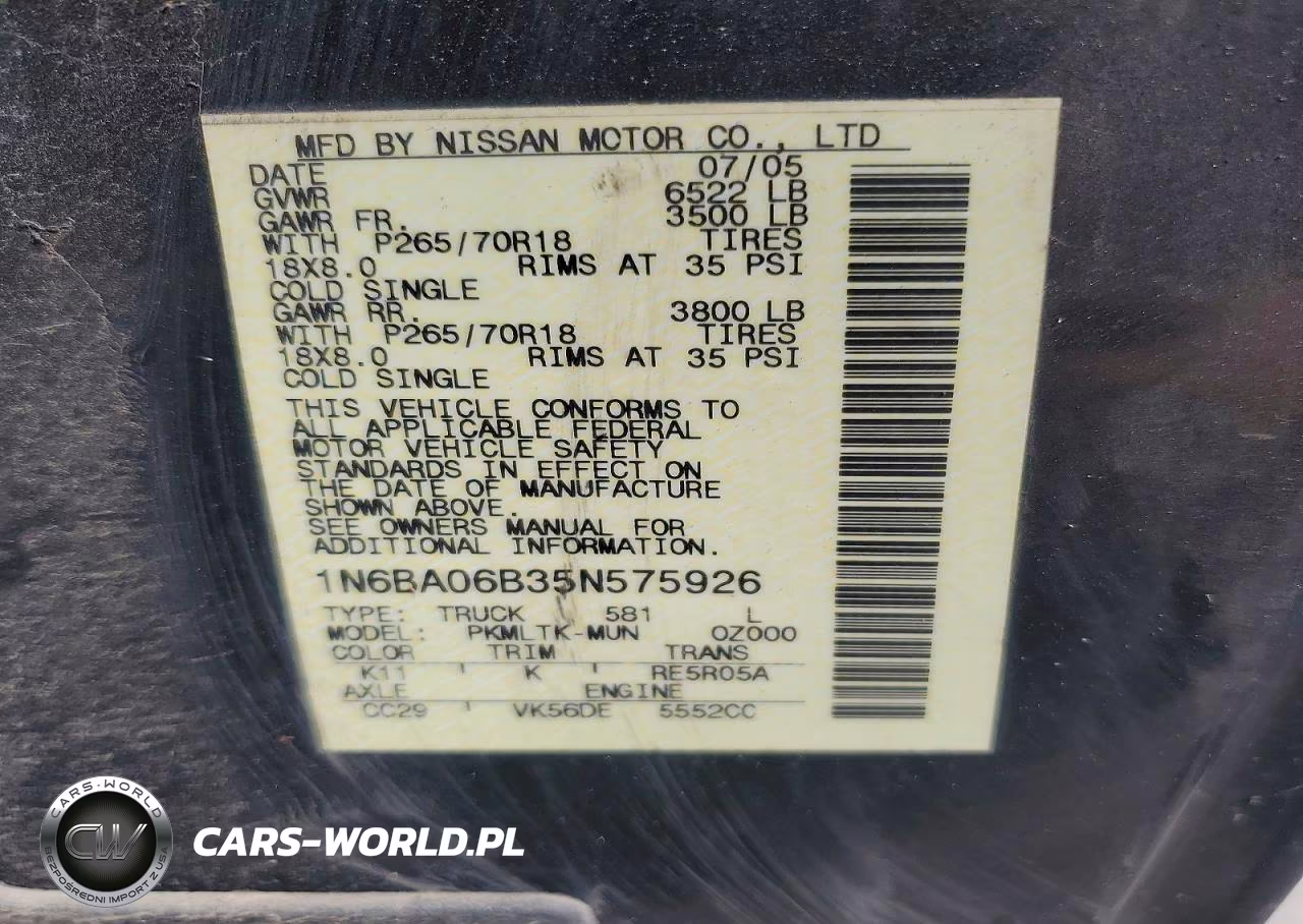 2005 Nissan Titan Xe VIN:1N6BA06B35N575926 - 12