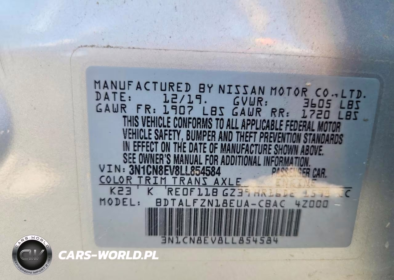 2020 Nissan Versa Sv VIN:3N1CN8EV8LL854584 - 12