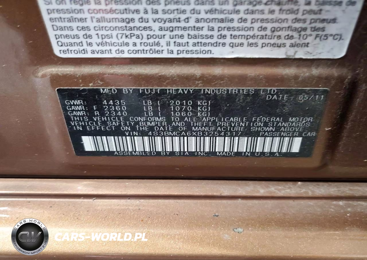 2011 Subaru Legacy 2.5I VIN:4S3BMCA6XB3254317 - 12