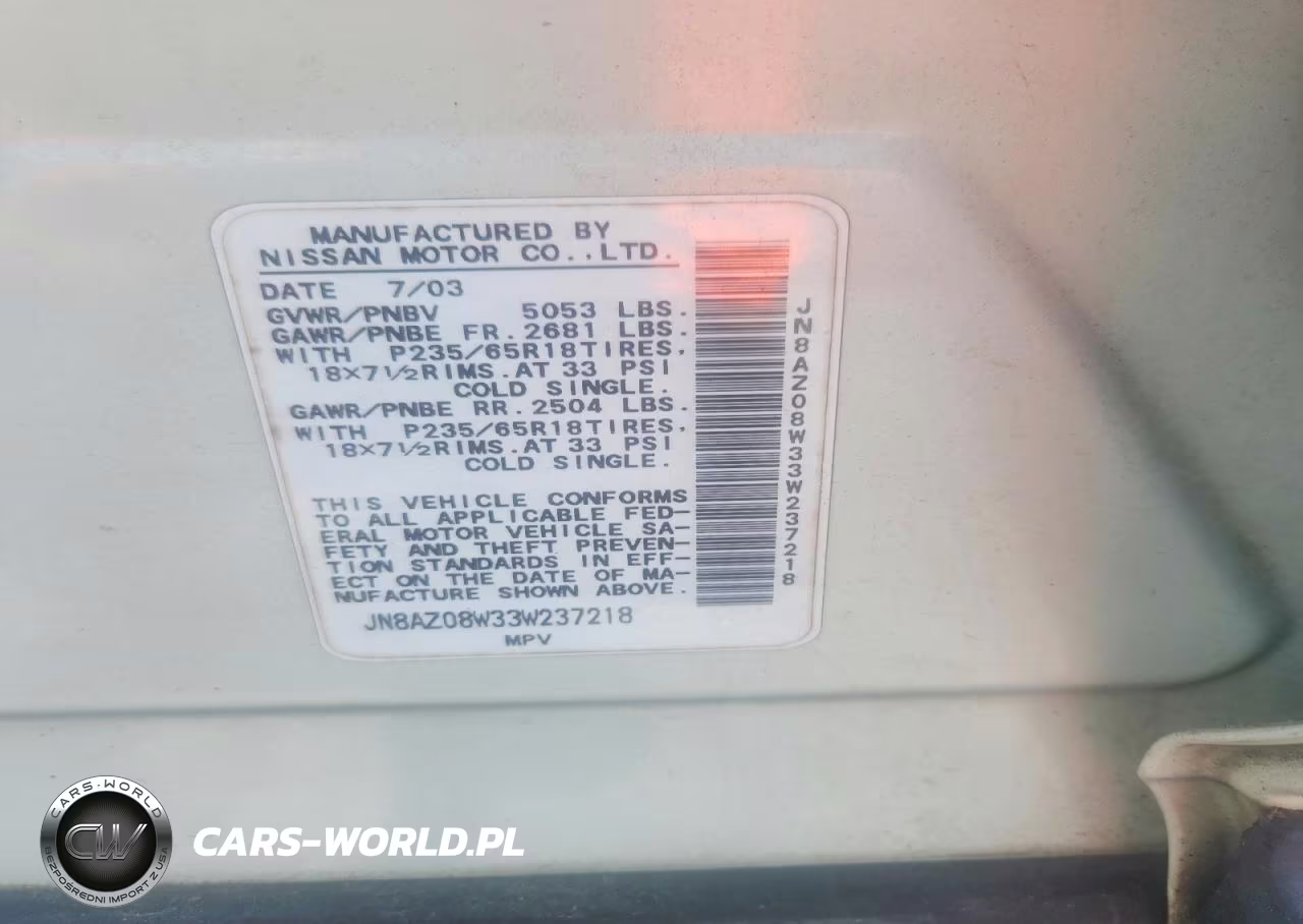 2003 Nissan Murano Sl VIN:JN8AZ08W33W237218 - 12