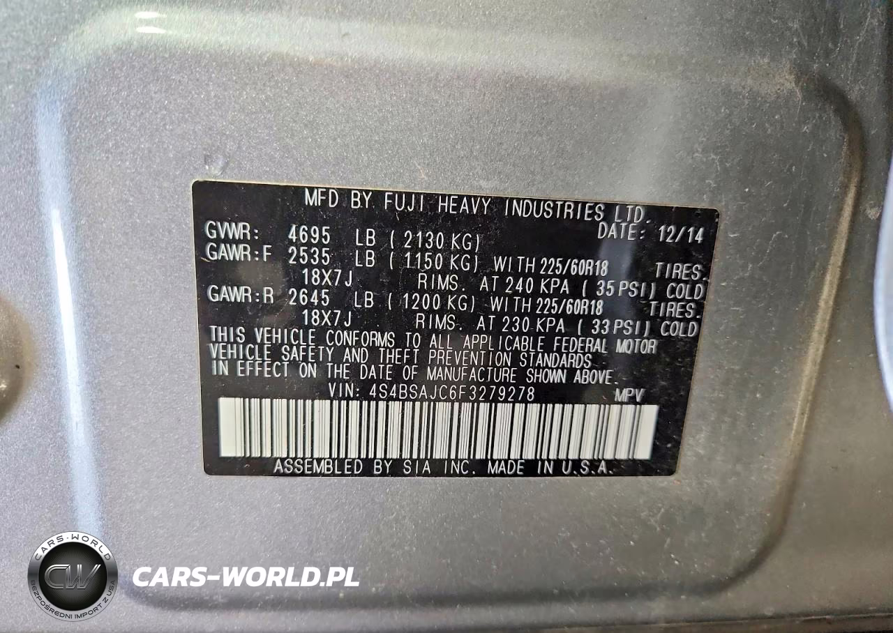 2015 Subaru Outback 2.5I Limited VIN:4S4BSAJC6F3279278 - 12