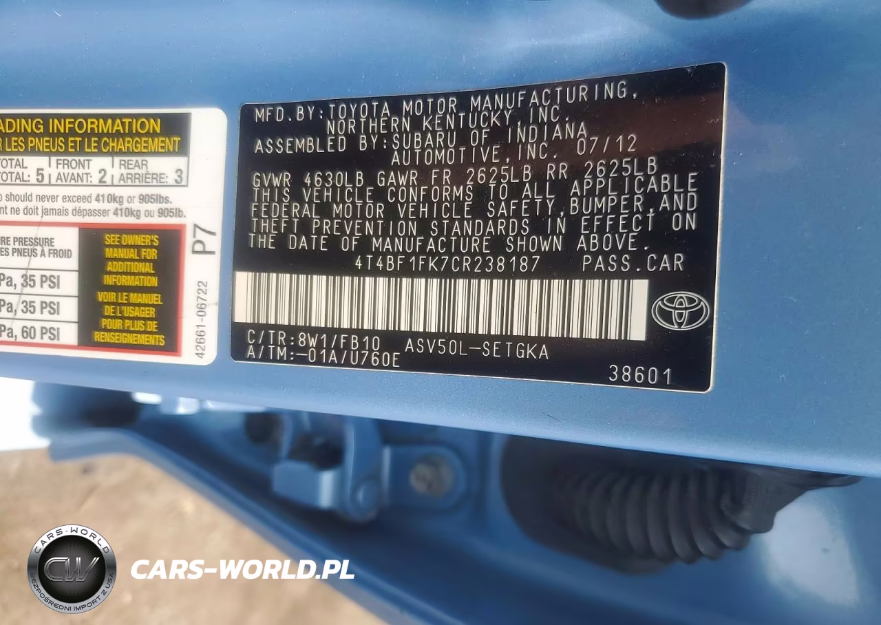 2012 Toyota Camry Xle VIN:4T4BF1FK7CR238187 - 12