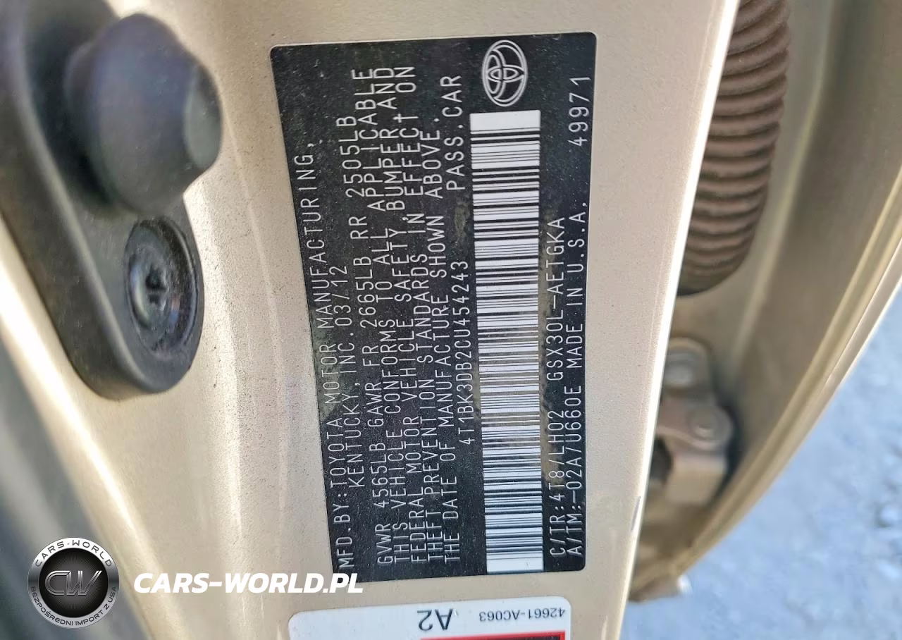 2012 Toyota Avalon Base VIN:4T1BK3DB2CU454243 - 12