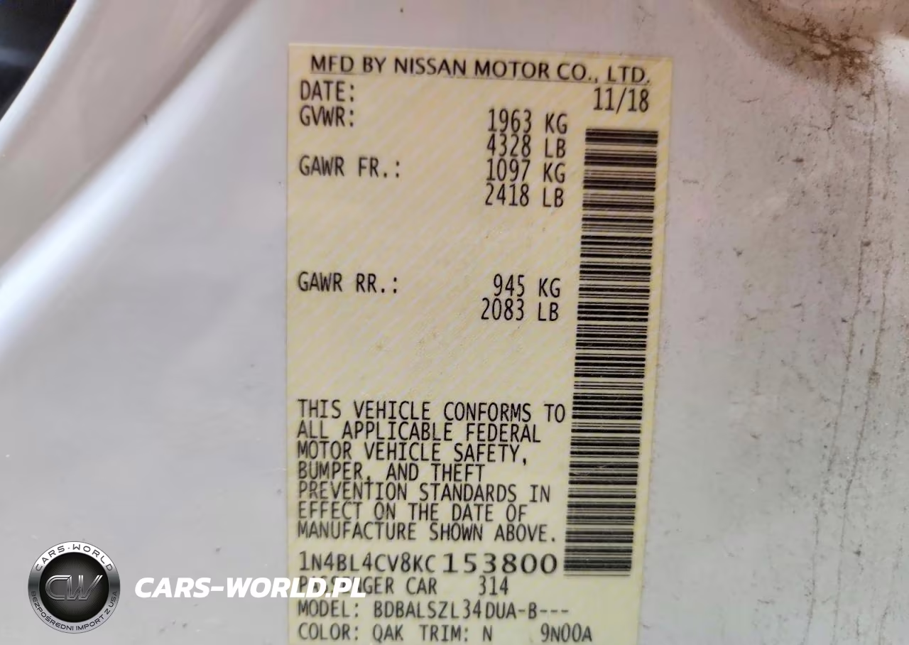 2019 Nissan Altima Sr VIN:1N4BL4CV8KC153800 - 12