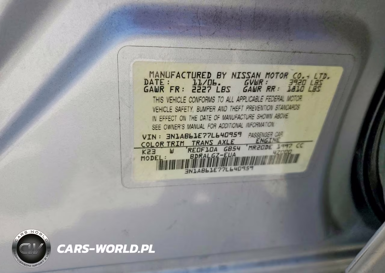 2007 Nissan Sentra 2.0 VIN:3N1AB61E77L640959 - 12