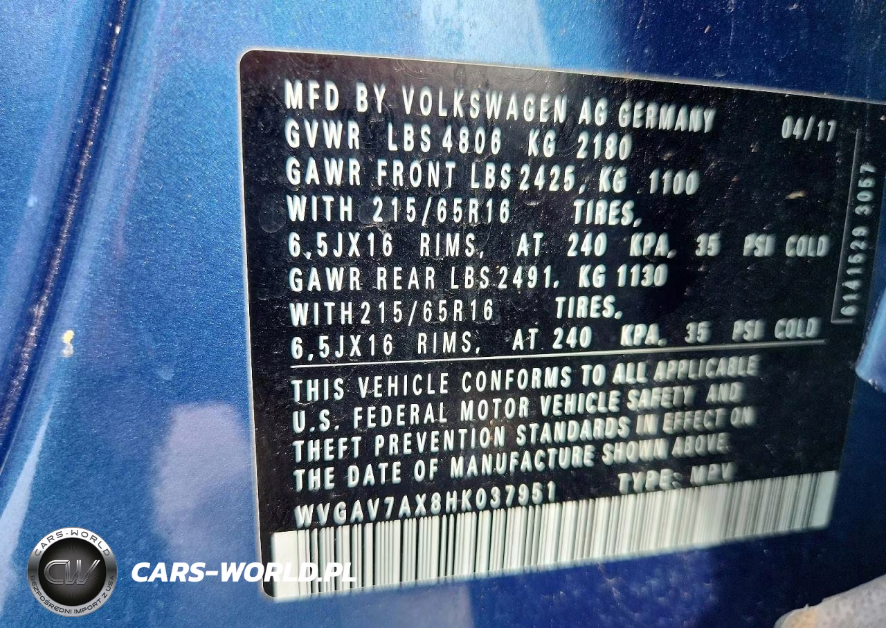2017 Volkswagen Tiguan S VIN:WVGAV7AX8HK037951 - 13