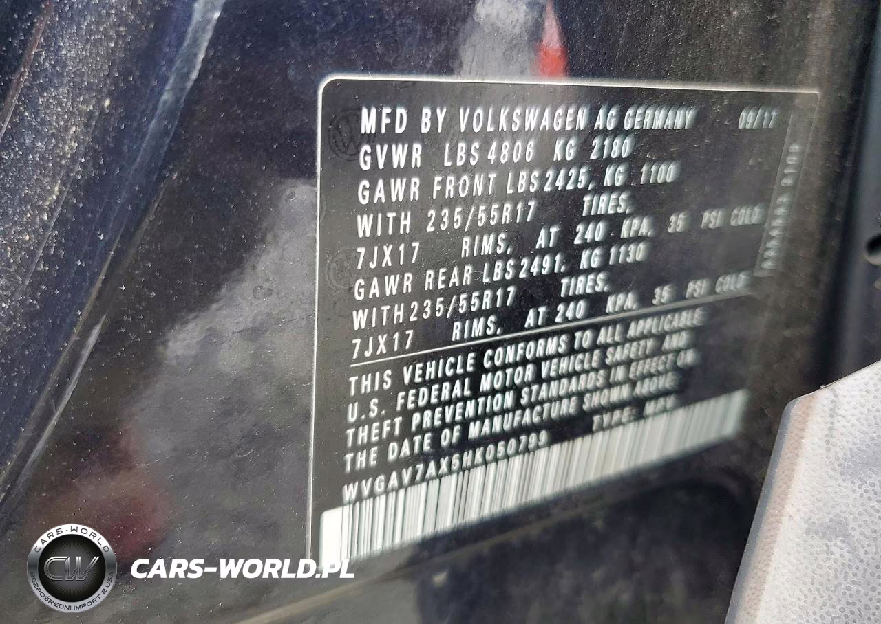 2017 Volkswagen Tiguan S VIN:WVGAV7AX5HK050799 - 14