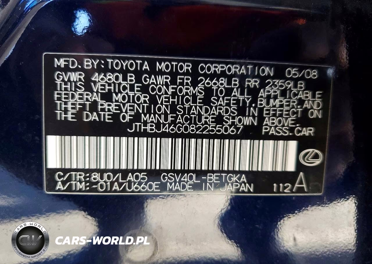 2008 Lexus Es 350 VIN:JTHBJ46G082255067 - 12