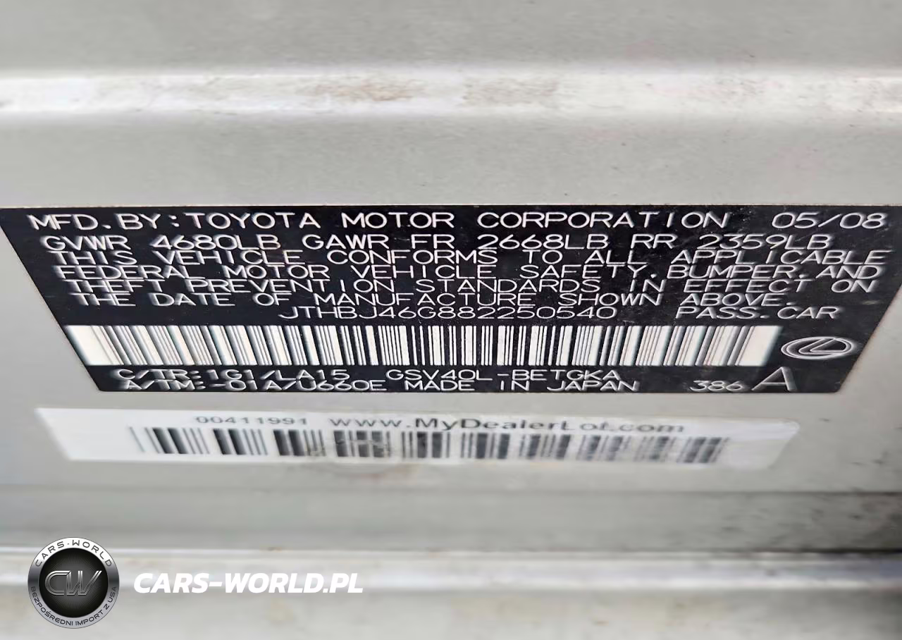 2008 Lexus Es 350 VIN:JTHBJ46G882250540 - 12