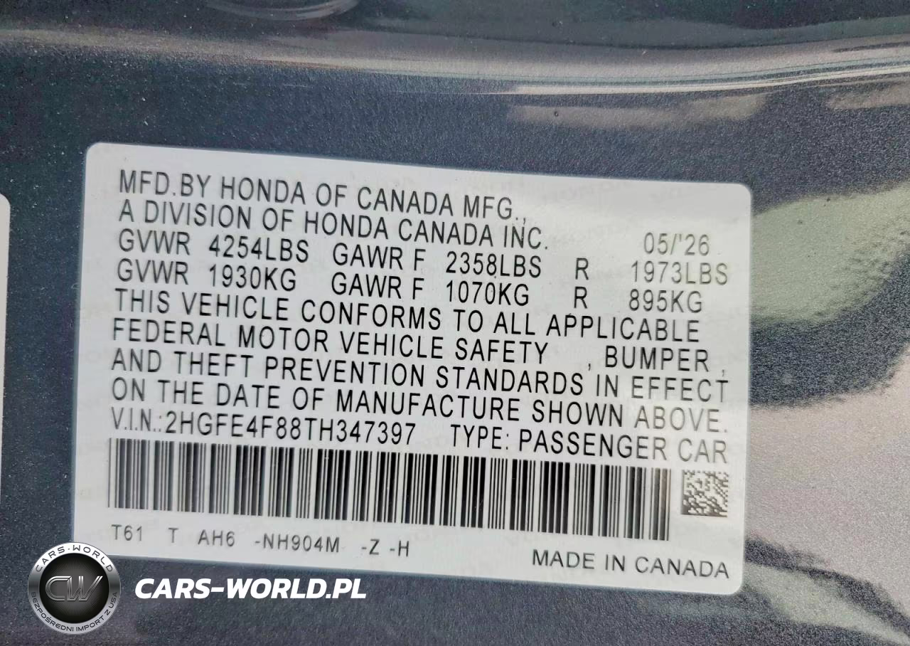 2026 Honda Civic Sport VIN:2HGFE4F88TH347397 - 12