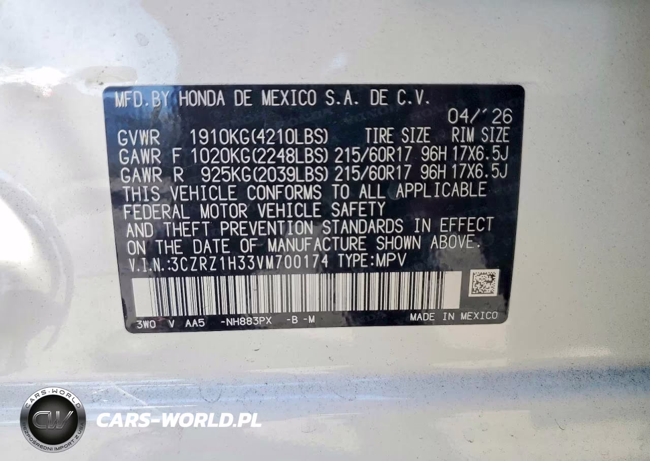 2027 Honda Hr-V Lx VIN:3CZRZ1H33VM700174 - 13