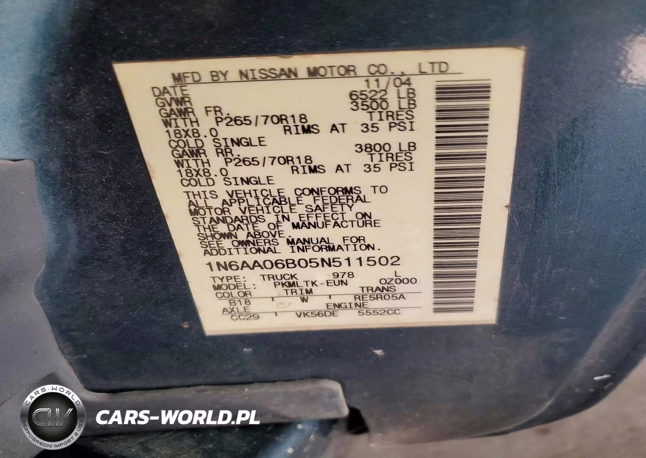 2005 Nissan Titan Xe VIN:1N6AA06B05N511502 - 12