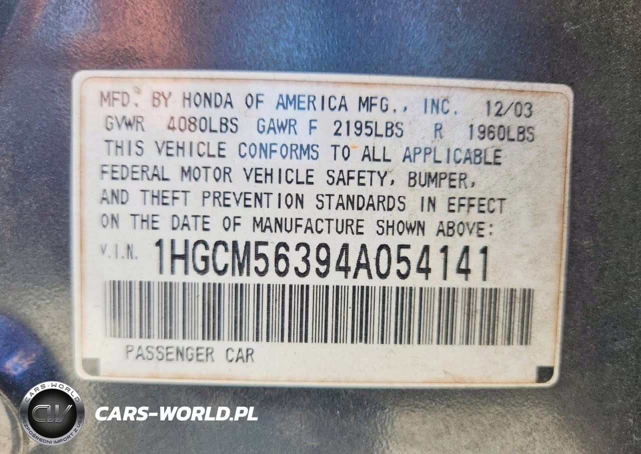 2004 Honda Accord Lx VIN:1HGCM56394A054141 - 12