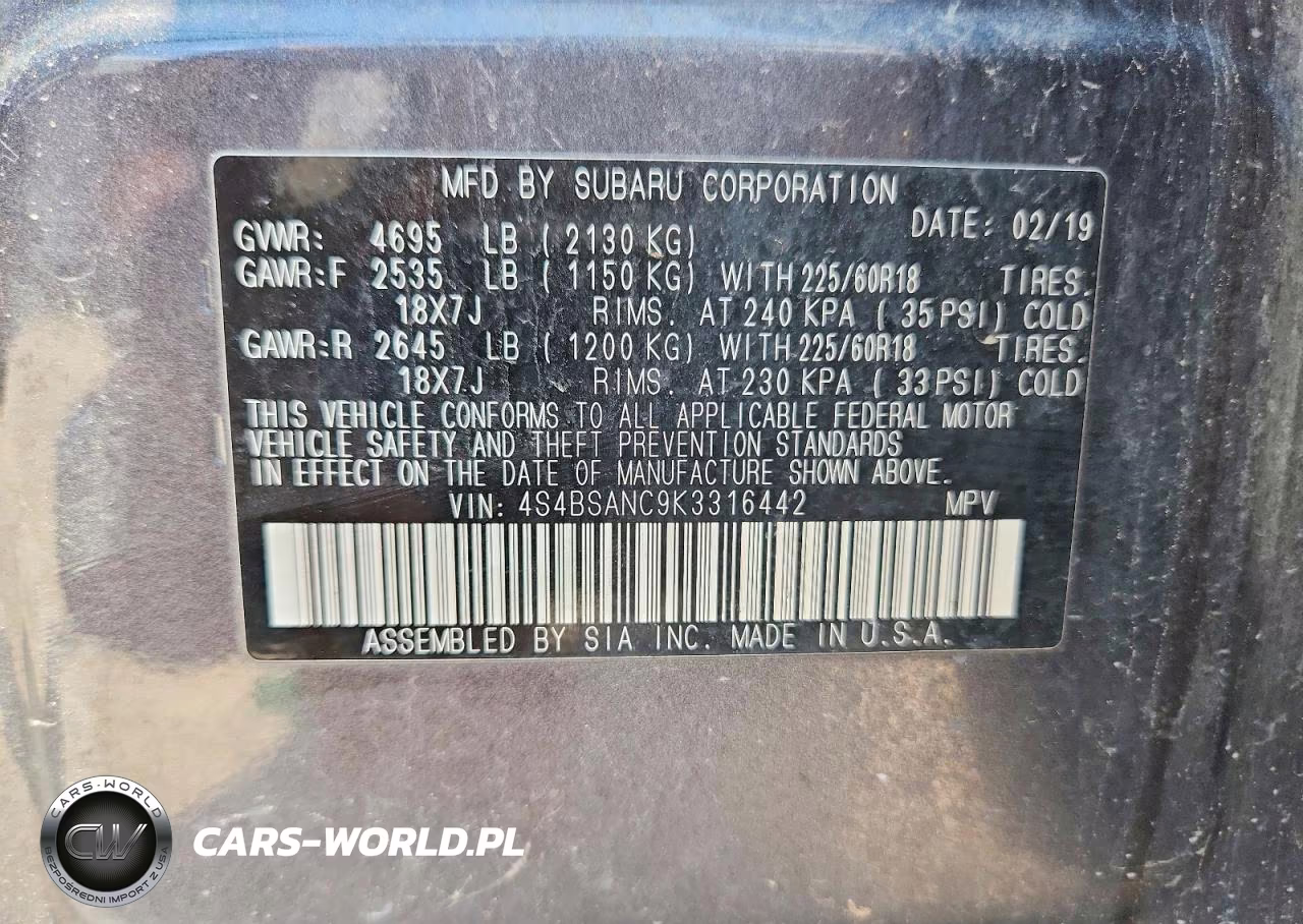2019 Subaru Outback 2.5I Limited VIN:4S4BSANC9K3316442 - 14