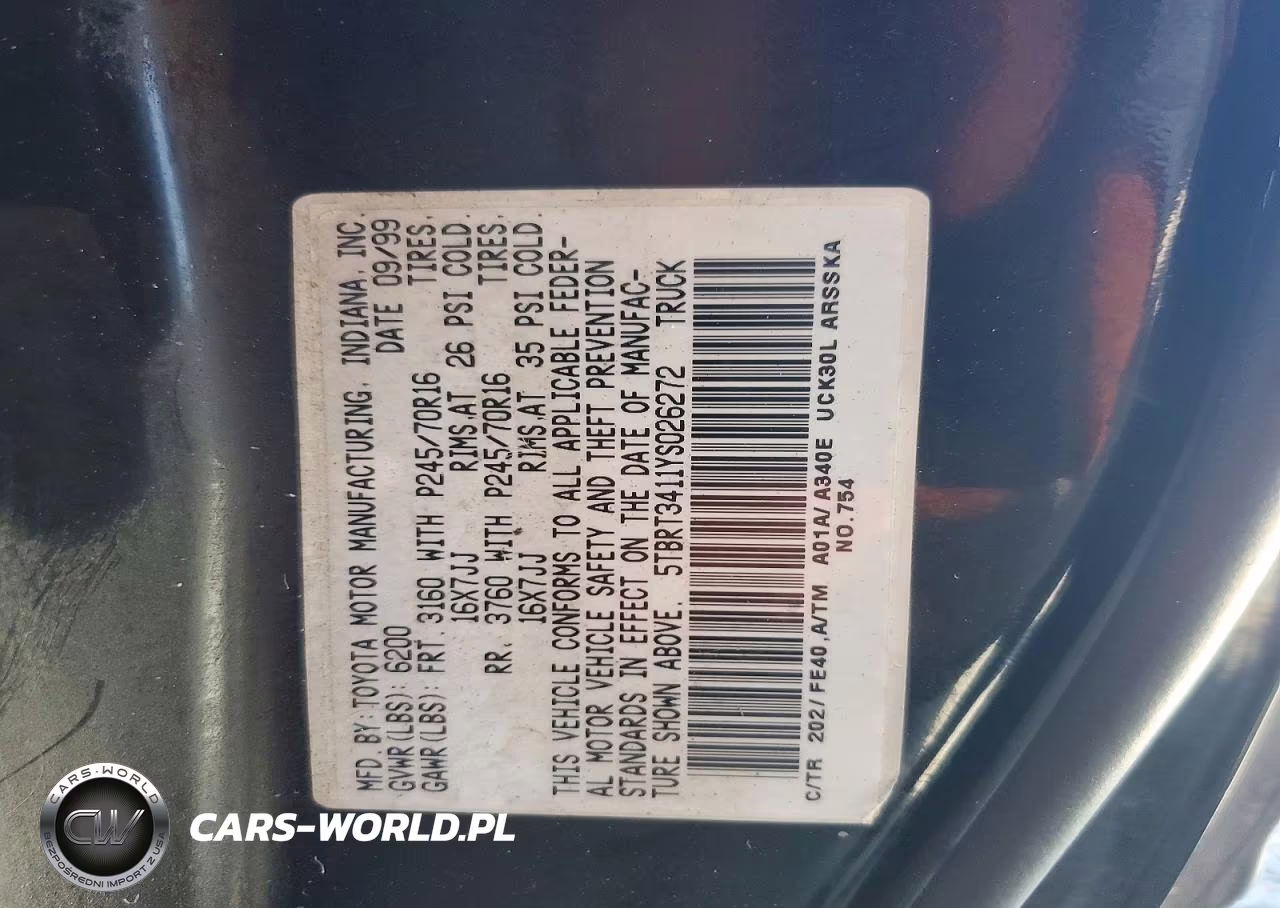 2000 Toyota Tundra Access Cab VIN:5TBRT3411YS026272 - 12