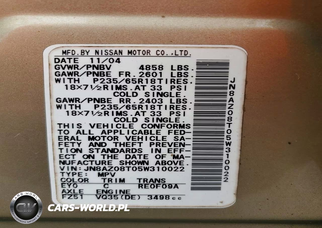 2005 Nissan Murano S VIN:JN8AZ08T05W310022 - 13