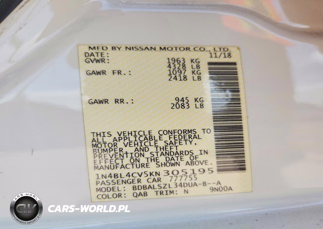 2019 Nissan Altama VIN:1N4BL4CV5KN305195 - 12