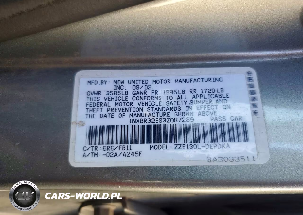 2003 Toyota Corolla Ce VIN:1NXBR32E83Z087289 - 12